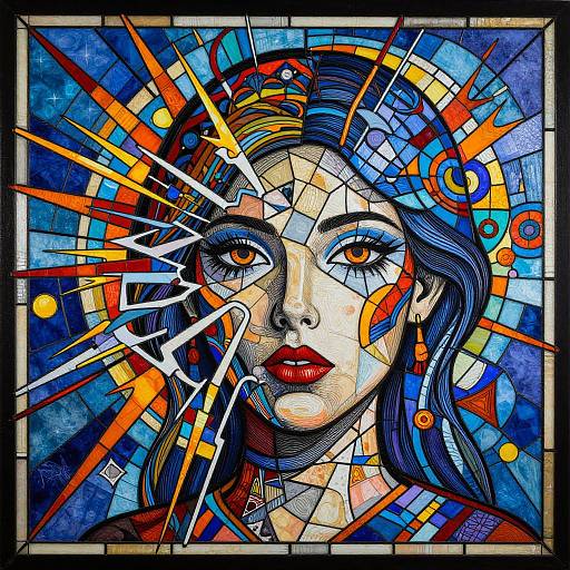 Vibrant, abstract stained glass artwork of a woman with intense eyes, red lips, blue hair, surrounded by radiant blue, orange, and yellow