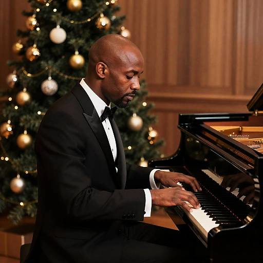 Man Playing Grand Piano by Christmas Tree