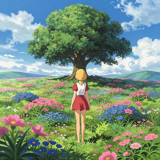 Digital anime-style illustration of a blonde girl in a red skirt and white top, standing in a vibrant, colorful meadow with pink and blue flowers,