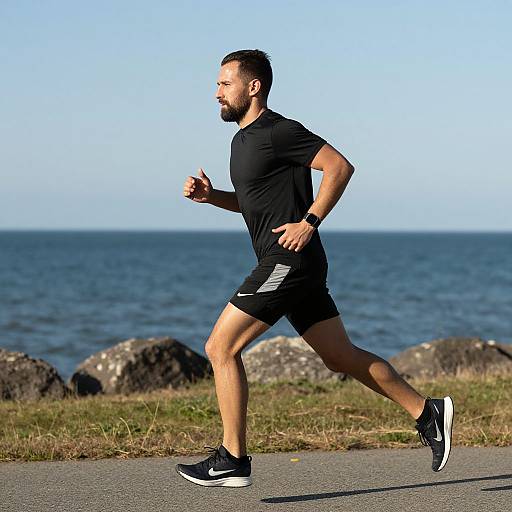 Photograph of a bearded man with short dark hair running on a coastal road, wearing black Nike athletic shorts and shoes, black t-shirt, and