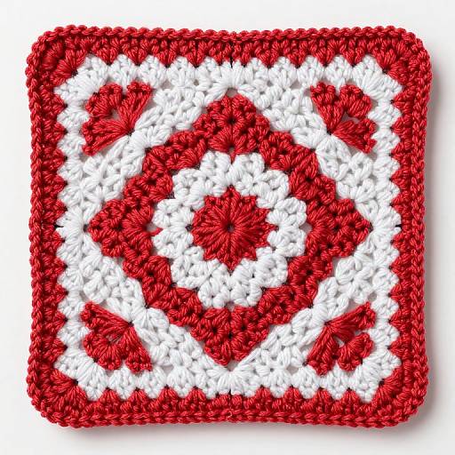 Photograph of a square, hand-crocheted textile featuring a red and white diamond pattern with thick, textured stitches.