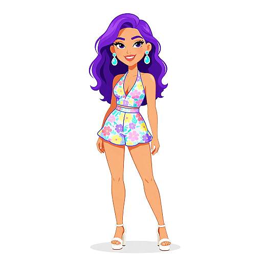 Digital cartoon of a smiling woman with long purple hair, wearing a colorful floral halter romper and white heels, against a white background.