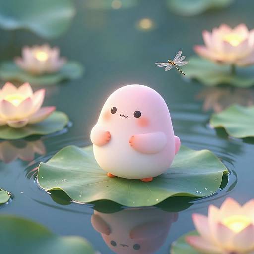 Cute, white, chubby chibi creature with pink cheeks and small arms, sitting on a lily pad, surrounded by blooming lotus flowers
