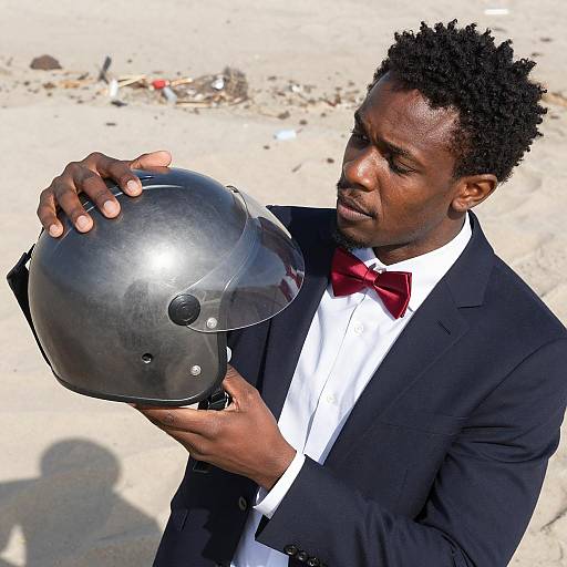 Thoughtful Man with Helmet on Beach