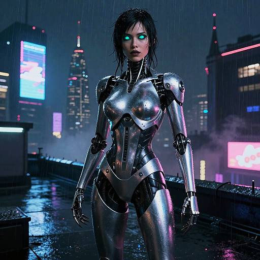 Cinematic Female Android on Cyberpunk Rooftop