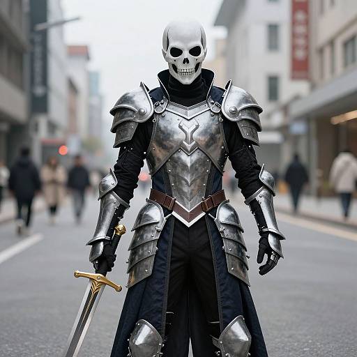 Photograph of a skull-faced armored warrior with silver chest and shoulder armor, black clothing, and sword, standing on an urban street. Blurred pedestrians