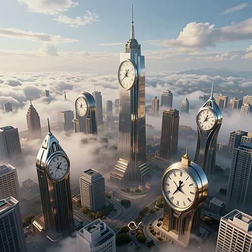 Photorealistic CGI of a cityscape with multiple clock towers, surrounded by clouds, during sunset. Skyscrapers reflect golden sunlight, creating a
