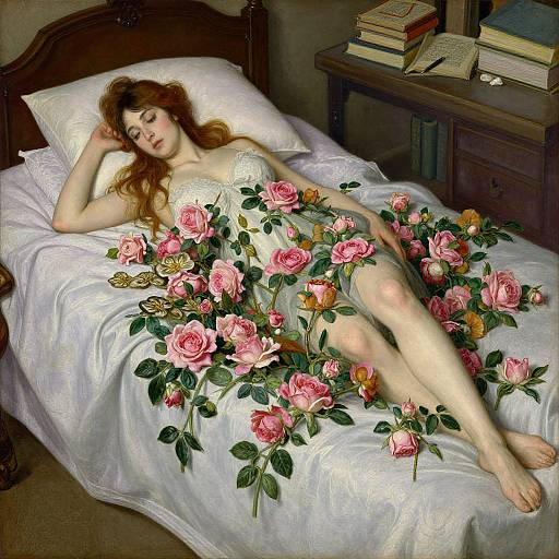 Photograph-style digital art: Pale-skinned woman with red hair, lying on white bed, surrounded by pink roses, wearing white lace dress, in