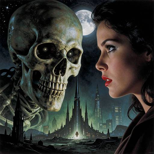 Photograph-style digital artwork: Close-up of pale-skinned woman with red lipstick, black hair, staring at giant, detailed human skull under full moon