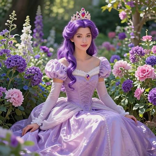 Photograph of a fair-skinned, purple-haired princess in a lavender ball gown, white gloves, and jeweled tiara, surrounded by vibrant flowers