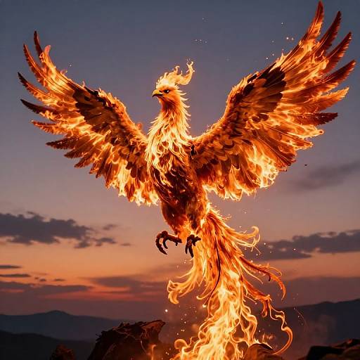 Photograph of a fiery phoenix with outstretched wings, glowing orange and yellow flames against a twilight sky with purple and pink hues.