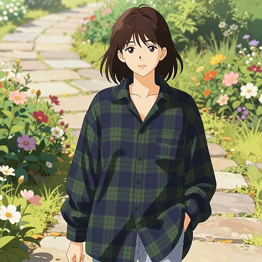 Anime-style digital drawing of a young woman with short brown hair, wearing a dark green plaid shirt, standing on a sunlit garden path with colorful