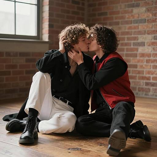 Two Men Kissing Indoors