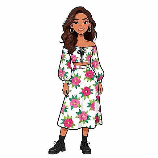 Digital illustration of a smiling woman with long brown hair, wearing a white off-shoulder floral dress, black ankle boots, and hoop earrings.