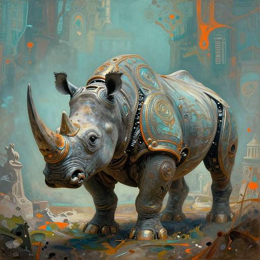 Digital artwork of an armored rhinoceros with intricate, glowing patterns, standing in a futuristic, neon-lit cityscape with abstract buildings.