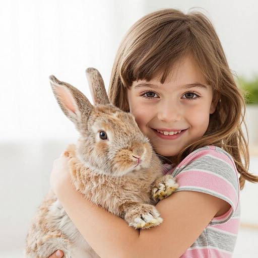 Smiling Girl Hugging Fluffy Rabbit