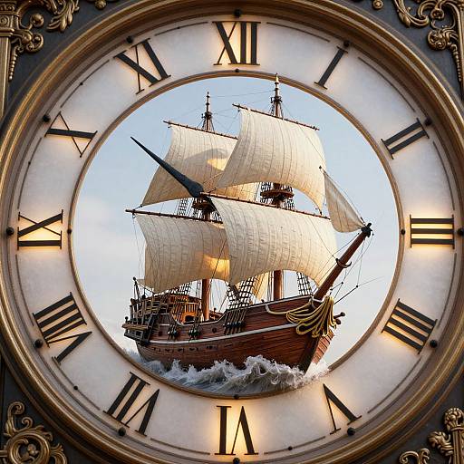Photograph of a detailed model ship with white sails inside a vintage clock face with Roman numerals, surrounded by ornate gold trim.
