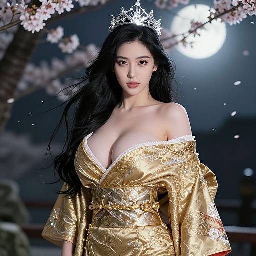 Digital artwork of an East Asian woman with long black hair, wearing a gold kimono with floral patterns, and a silver tiara, standing under cherry