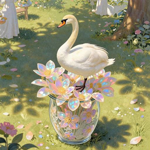 Whimsical Swan on Iridescent Vase