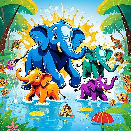Vibrant Zoo: Elephants and Monkeys Splashing Vibrant Zoo: Elephants and Monkeys Splashing