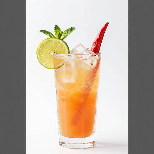 Photograph of a refreshing orange cocktail with ice, a lime wedge, and a red straw, set against a white background.