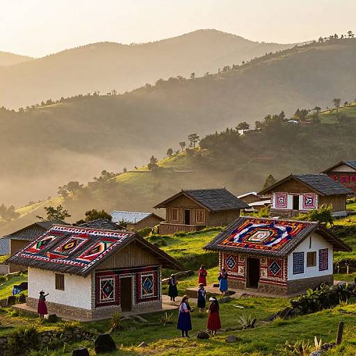 Photograph of traditional mountain village with colorful-roofed houses, lush green hills, misty sunrise, and villagers in colorful traditional clothing.