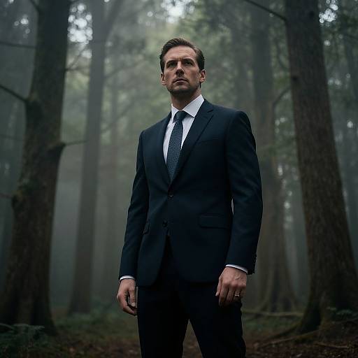 Photograph of a serious, dark-haired man in a black suit with white shirt and black tie standing in a foggy forest.