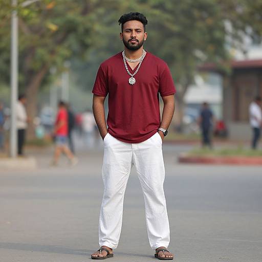 Photograph of a bearded man with short black hair, wearing a maroon t-shirt, white pants, sandals, and layered necklaces, standing