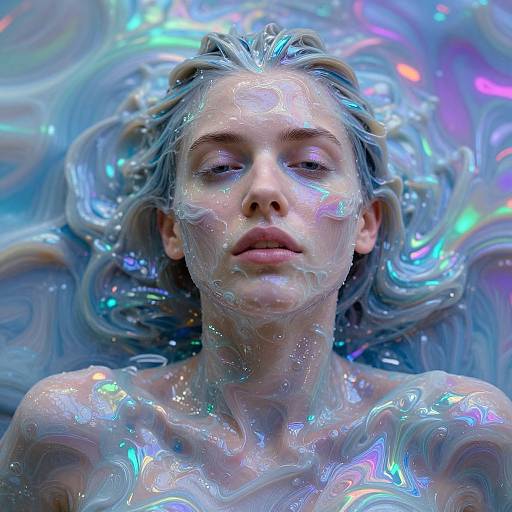 Photorealistic digital artwork of a serene, blue-eyed woman with iridescent, swirling liquid covering her face and shoulders, creating a surreal, eth