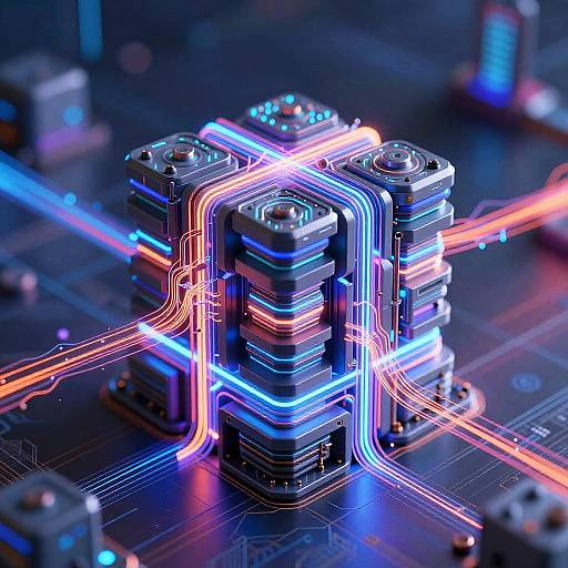 Photorealistic CGI of neon-lit, interconnected microchips on a circuit board, showcasing vibrant blue, red, and white light trails.