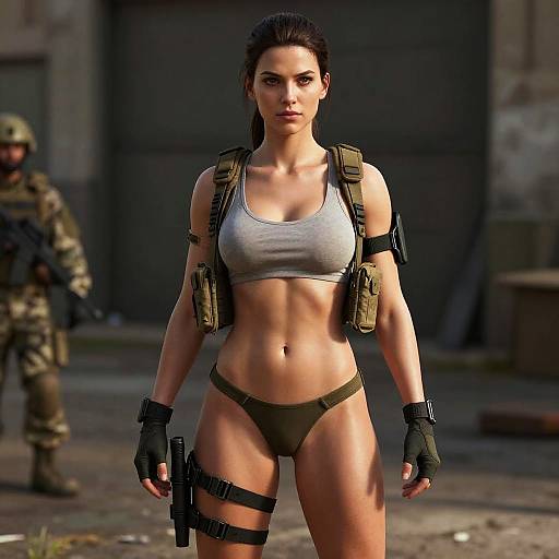CGI image of a muscular, dark-haired woman in a gray sports bra and black panties, armed with a gun, standing in a gritty, industrial