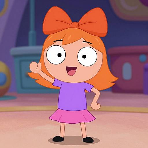 Cartoon girl with bright orange hair, large red bow, wide eyes, purple shirt, pink skirt, black shoes, waving, colorful background.