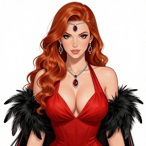 Digital illustration of a red-haired woman with wavy hair, wearing a low-cut red dress, black feathered shawl, diamond headpiece, and