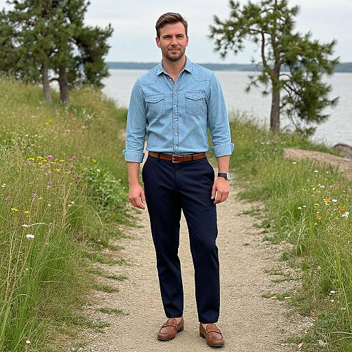 Photograph of a handsome bearded man in a light blue button-up shirt, dark pants, brown belt, brown shoes, standing on a gravel path