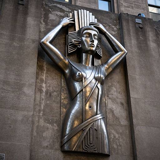 Photograph of a large, shiny, bronze Art Deco statue of a serene, nude, Egyptian-inspired woman with arms raised, set against a textured