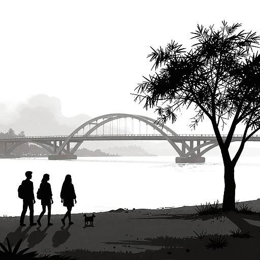 Silhouetted Beach Walk with Bridge