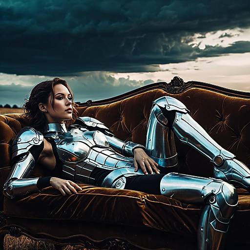 Seductive Angelic Cyborg on Velvet Sofa