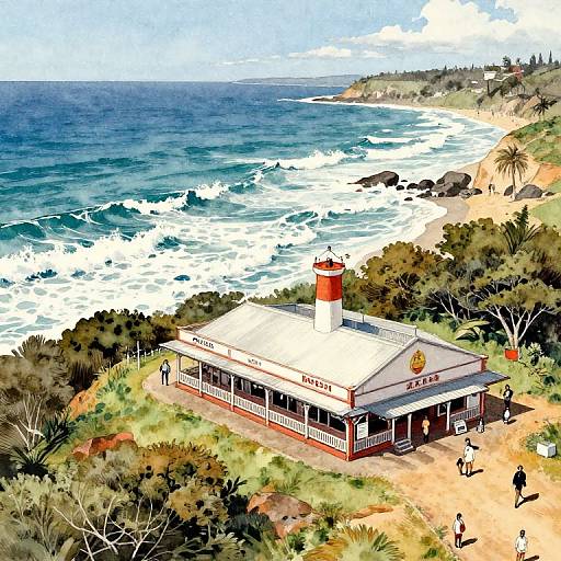 Watercolor of Australian Coastal Pub on Hill