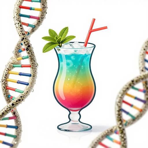 Photograph of a colorful gradient tropical cocktail with a straw and mint, framed by a DNA double helix with rainbow bands.