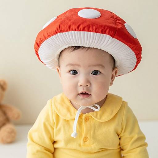 Baby in Yellow Mushroom Outfit