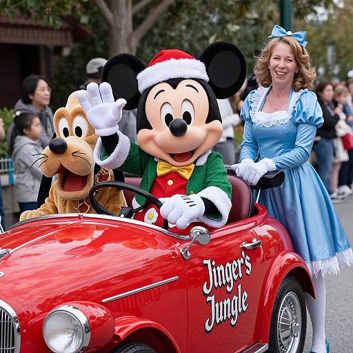 Photograph of Mickey Mouse in a Santa outfit, Pluto beside him, and Minnie Mouse in a blue dress, riding a red 