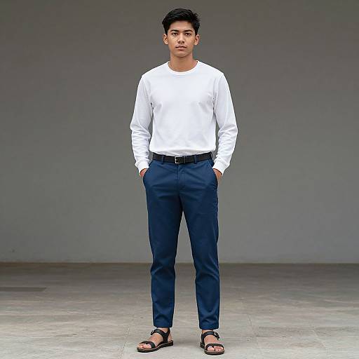 Photograph of an Asian man with short black hair, wearing a white long-sleeve shirt, dark blue pants, black belt, and black sandals