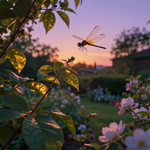 Photograph of a delicate dragonfly with transparent wings hovering over sunlit green leaves and pink flowers at a vibrant sunset in a lush garden.