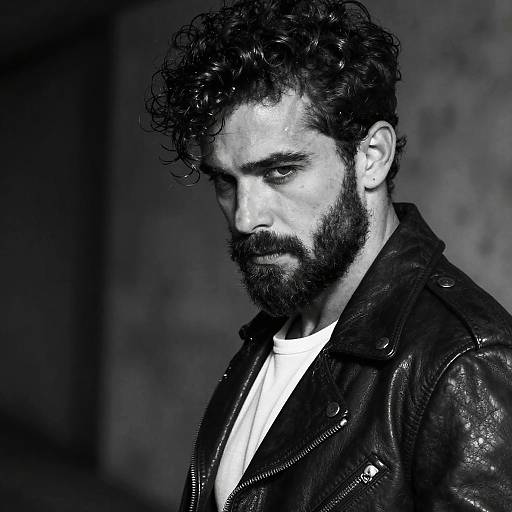 Black-and-white photograph of a brooding, bearded man with curly hair, wearing a leather jacket over a white shirt, looking downward. Dark,