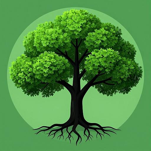 Digital illustration of a lush green tree with detailed roots, centered against a light green circular background on a darker green backdrop.