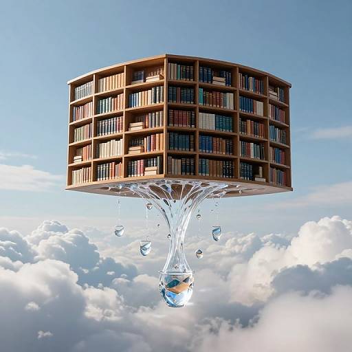 Photorealistic CGI of a floating library with wooden shelves and books, supported by a glass water drop emerging from clouds.