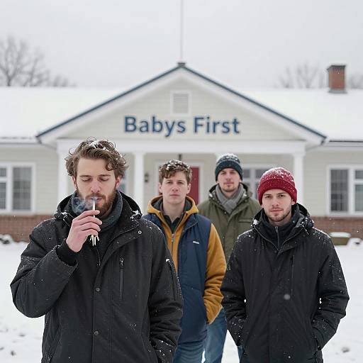Group of Men in Winter Clothing Outside Snowy Building