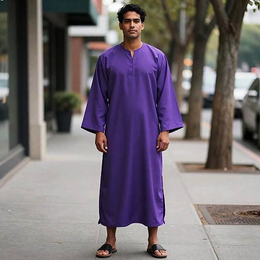 Man in Purple Traditional Robe Standing on Sidewalk