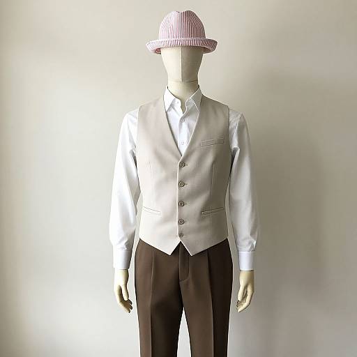 Photograph of a faceless mannequin wearing a white vest, white shirt, brown pants, and a red-striped fedora against a plain white