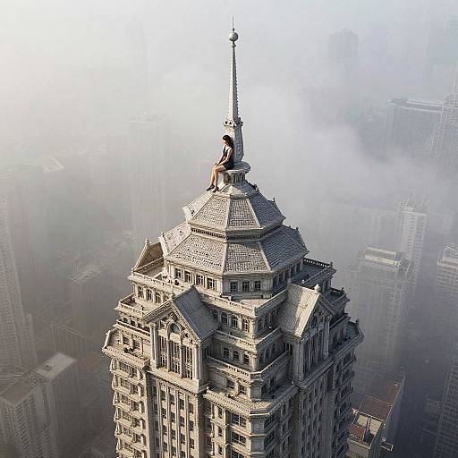 Photograph of a person sitting atop a foggy, ornate skyscraper with a pointed spire, surrounded by misty, distant city buildings.